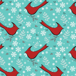 Cardinals and Snowflakes - Merry Christmas Aqua/Green