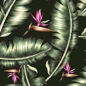 Palm Leaves and Bird of Paradise - dark green