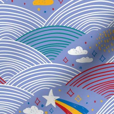 magic tale  pattern abstract scales, rain, sky clouds stars, simple scandinavian style. Nursery decor trend of the season  Very Peri