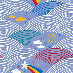 magic tale  pattern abstract scales, rain, sky clouds stars, simple scandinavian style. Nursery decor trend of the season  Very Peri