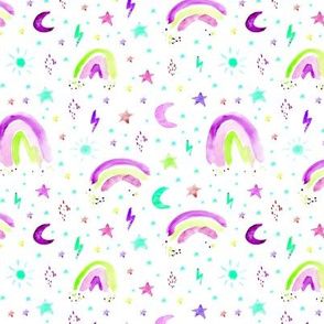 Watercolor rainbows, stars, suns in purple and greens •  painted fun pattern for nursery