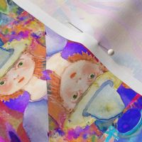 GIRL AND BOY PORTRAIT GEOMETRIC WHIMSICAL GARDEN WATERCOLOR PSMGE