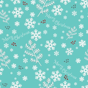 Merry Christmas & Snowflakes on Aqua/Green