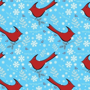 Cardinals and Snowflakes - Merry Christmas on Sky Blue 