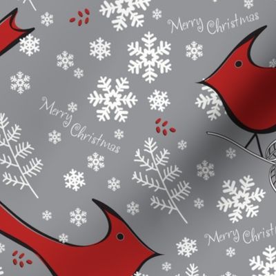 Cardinals, Snowflakes, Merry Christmas on Grey