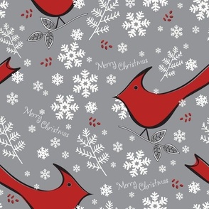 Cardinals, Snowflakes, Merry Christmas on Grey