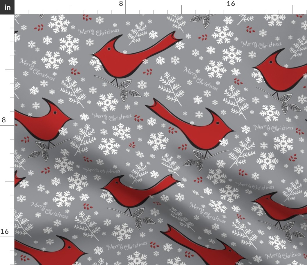 Cardinals, Snowflakes, Merry Christmas on Grey