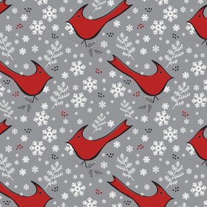 Cardinals and Snowflakes - Grey 