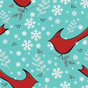 Cardinals and Snowflakes  -  Aqua 