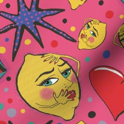 pop art angsty lemons, large scale, red pink blue green yellow lavender black