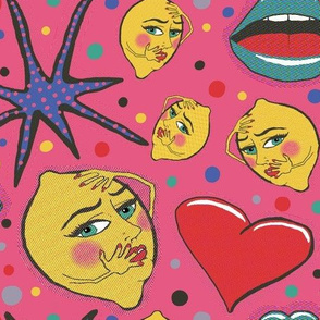 pop art angsty lemons, large scale, red pink blue green yellow lavender black