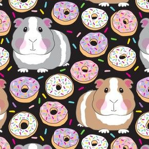 guinea pigs and white purple pink sprinkle donuts on black