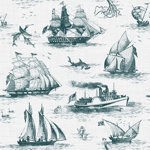 TOILE BATEAUX - TEAL ON WHITE