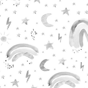 Silver grey watercolor rainbows, suns, stars • black and white painted print for modern nursery