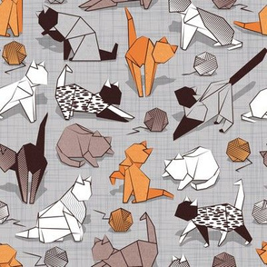 Small scale // Origami kitten friends playing // grey linen texture background orange white and brown taupe paper cats playing with wool balls