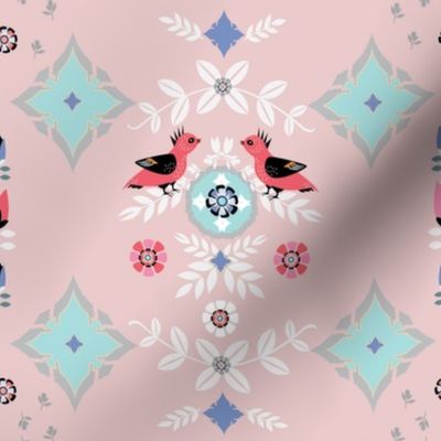 Bird pastel Boho Floral on Pink-01