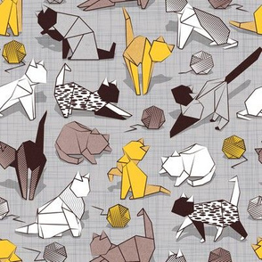 Small scale // Origami kitten friends playing // grey linen texture background yellow white and brown taupe paper cats playing with wool balls