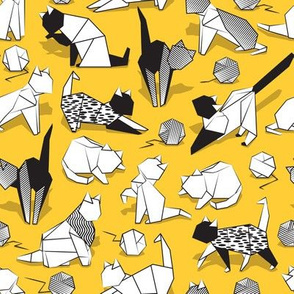 Small scale // Origami kitten friends playing // sunglow yellow background black and white coloring paper cats playing with wool balls
