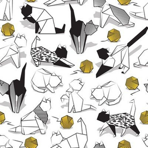 Small scale // Origami kitten friends playing // white background black and white coloring paper cats playing with yellow wool balls