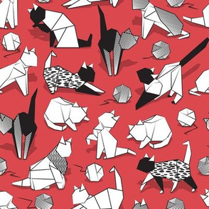 Small scale // Origami kitten friends playing // red background black and white coloring paper cats playing with wool balls