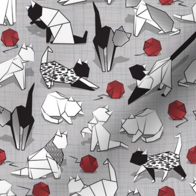 Small scale // Origami kitten friends playing // grey linen texture background black and white coloring paper cats playing with red wool balls