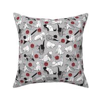 Small scale // Origami kitten friends playing // grey linen texture background black and white coloring paper cats playing with red wool balls