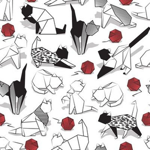 Small scale // Origami kitten friends playing // white background black and white coloring paper cats playing with red wool balls