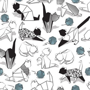 Small scale // Origami kitten friends playing // white background black and white coloring paper cats playing with blue wool balls