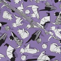 Small scale // Origami kitten friends playing // violet purple background black and white coloring paper cats playing with wool balls