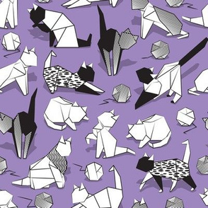 Small scale // Origami kitten friends playing // violet purple background black and white coloring paper cats playing with wool balls