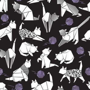 Small scale // Origami kitten friends playing // black background white paper cats playing with violet purple wool balls