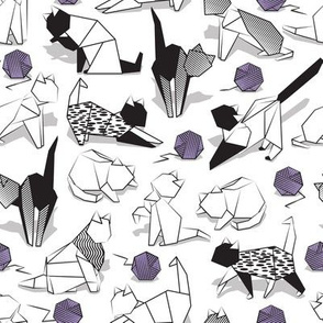 Small scale // Origami kitten friends playing // white background black and white coloring paper cats playing with violet purple wool balls