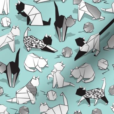 Small scale // Origami kitten friends playing // aqua background black and white coloring paper cats playing with wool balls0