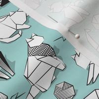 Small scale // Origami kitten friends playing // aqua background black and white coloring paper cats playing with wool balls0