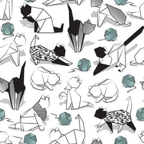 Small scale // Origami kitten friends playing // white background black and white coloring paper cats playing with aqua wool balls