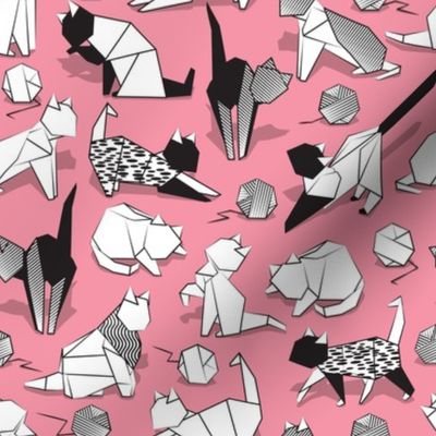 Small scale // Origami kitten friends playing // pink background black and white coloring paper cats playing with wool balls