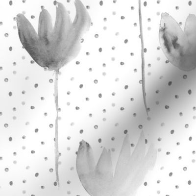 Noir dainty flowers with dots • larger scale • watercolor flowers in shades of grey