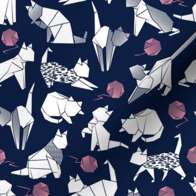 Small scale // Origami kitten friends playing // oxford navy blue background white paper cats playing with pink wool balls