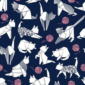 Small scale // Origami kitten friends playing // oxford navy blue background white paper cats playing with pink wool balls