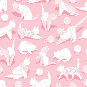 Small scale // Origami kitten friends playing // pastel pink background white paper cats playing with wool balls