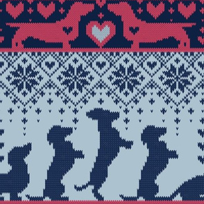 Normal scale // Fair Isle Knitting Doxie Love // grey background navy blue and red dachshunds dogs bones paws and hearts