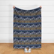 Normal scale // Fair Isle Knitting Doxie Love // navy blue background white and yellow dachshunds dogs bones paws and hearts