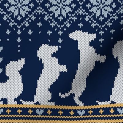 Normal scale // Fair Isle Knitting Doxie Love // navy blue background white and yellow dachshunds dogs bones paws and hearts