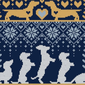 Normal scale // Fair Isle Knitting Doxie Love // navy blue background white and yellow dachshunds dogs bones paws and hearts