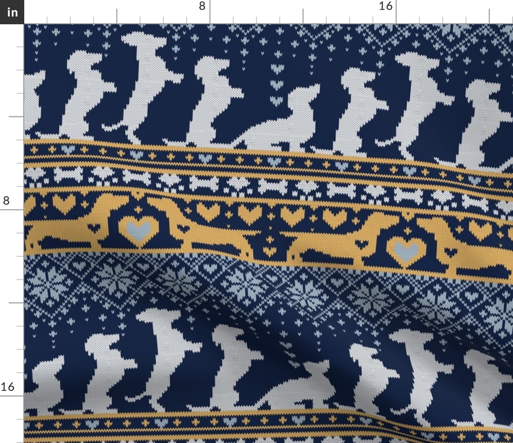 Normal scale // Fair Isle Knitting Doxie Love // navy blue background white and yellow dachshunds dogs bones paws and hearts