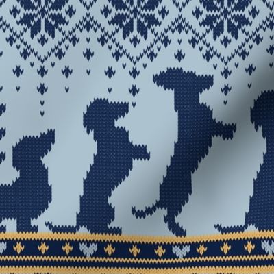 Normal scale // Fair Isle Knitting Doxie Love // grey background navy blue and yellow dachshunds dogs bones paws and hearts