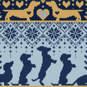 Normal scale // Fair Isle Knitting Doxie Love // grey background navy blue and yellow dachshunds dogs bones paws and hearts