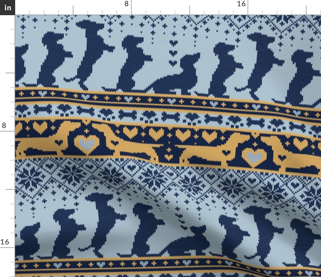 Normal scale // Fair Isle Knitting Doxie Love // grey background navy blue and yellow dachshunds dogs bones paws and hearts