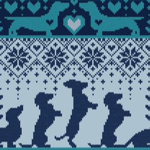 Normal scale // Fair Isle Knitting Doxie Love // grey background navy blue and teal dachshunds dogs bones paws and hearts