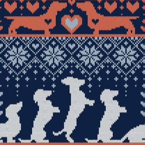 Normal scale // Fair Isle Knitting Doxie Love // navy blue background white and orange dachshunds dogs bones paws and hearts